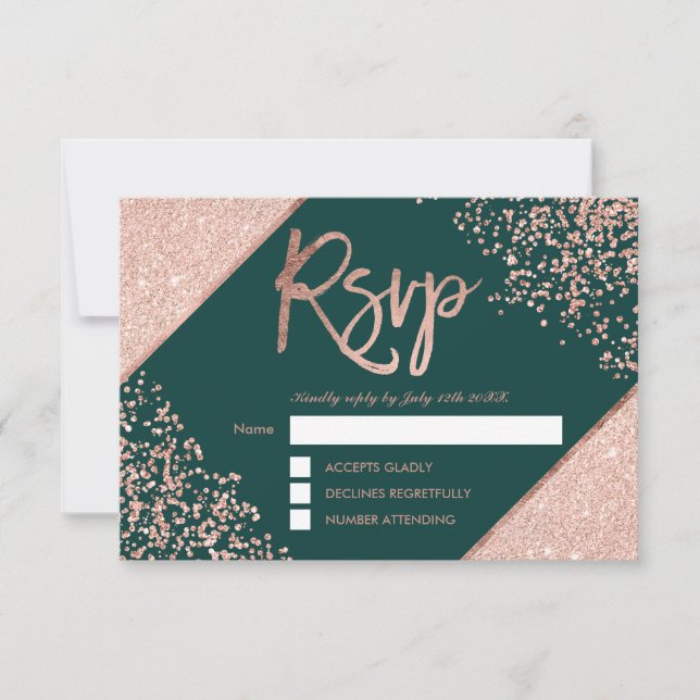 boda de rsvp verde marco de confetti dorado Rosa (Anverso)