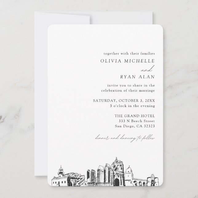 Boda de San Diego Elegante Invitación al Skyline (Anverso)