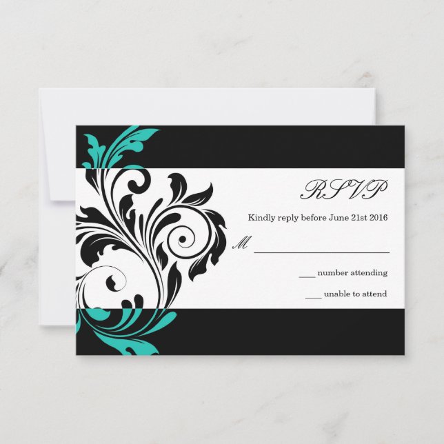 Boda de Swirl Floral Negra y Aqua RSVP (Anverso)