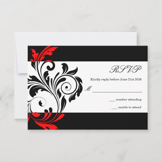 Boda de Swirl Floral Negra y Roja RSVP (Anverso)