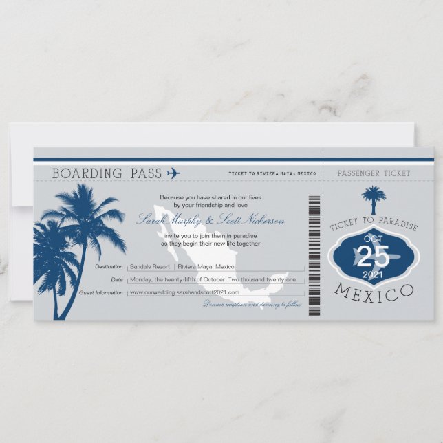 Boda de tarjeta de embarque azul gris y marina de  (Anverso)