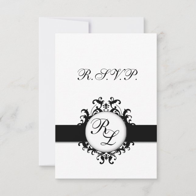 Boda de tarjetas de Damask Monograma RSVP de moda (Anverso)