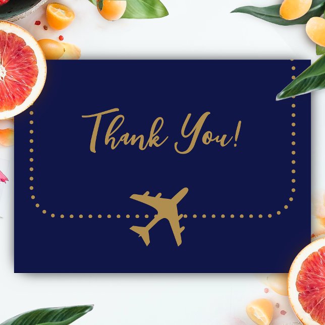 Boda de tarjetas de embarque azul y oro de caligra (Boarding Pass Wedding Thank You Card)