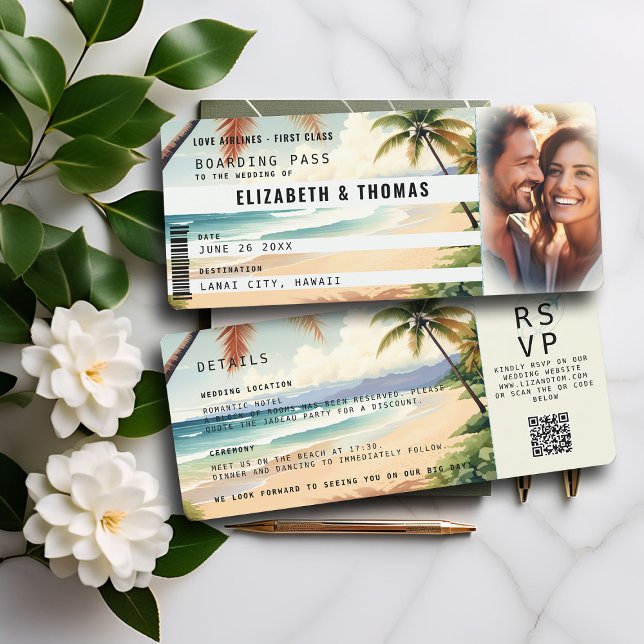Boda de tarjetas de embarque de destino de playa t (elegant boarding pass wedding invitation tropical beach palm trees ocean photo template QR code chic)