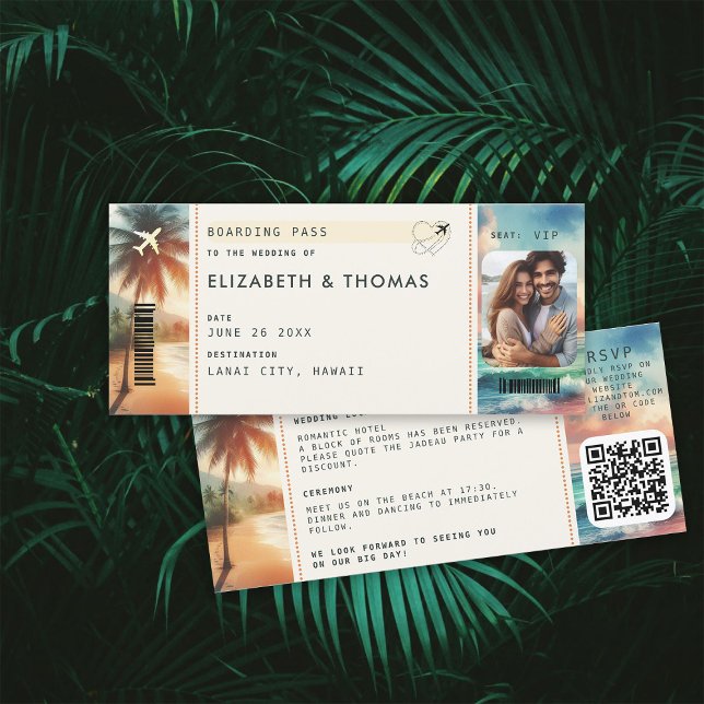 Boda de tarjetas de embarque de destino de playa t (beach destination wedding invitation boarding pass qr code all in one tropical watercolor sunset)