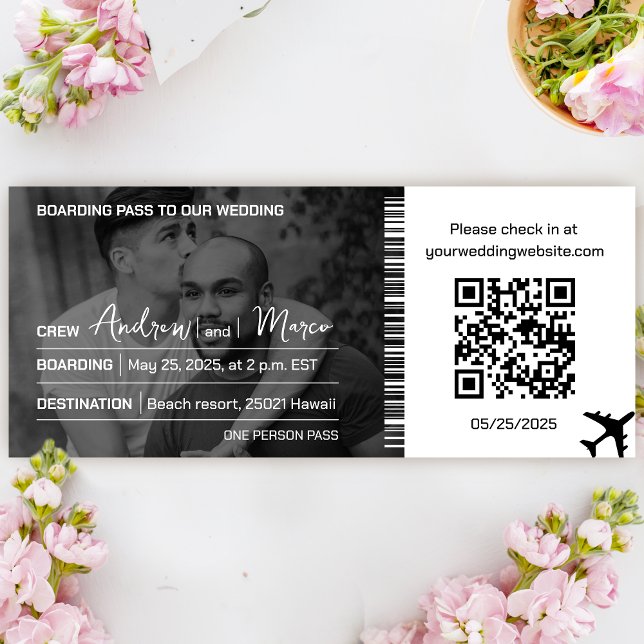 Boda de tarjetas de embarque de destino fotográfic (Photo Destination Boarding Pass Wedding Invitation)