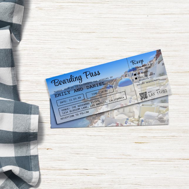 Boda de tarjetas de embarque de destino Santorini  (Subido por el creador)