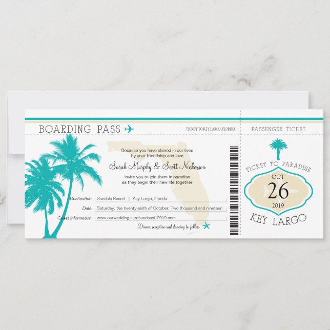 Boda de tarjetas de embarque Largo Florida Palm Tr (Anverso)