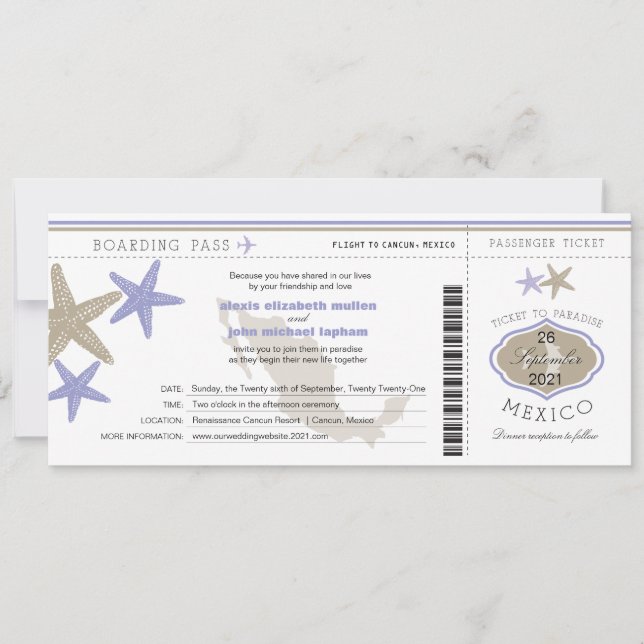 Boda de tarjetas de embarque Lilac Starfish Mexico (Anverso)