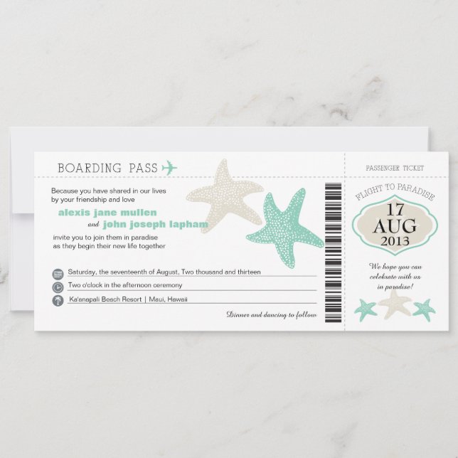 Boda de tarjetas de embarque Starfish Green Cream (Anverso)