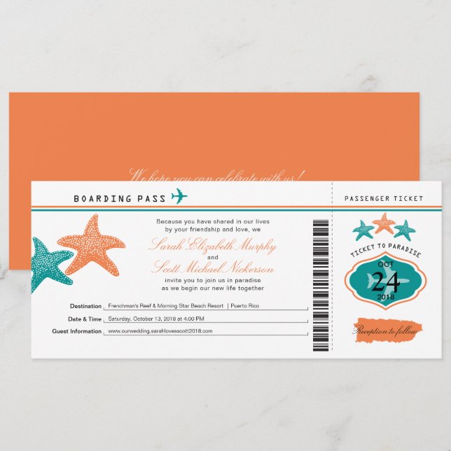Boda de tarjetas de embarque Starfish Puerto Rico (Anverso / Reverso)