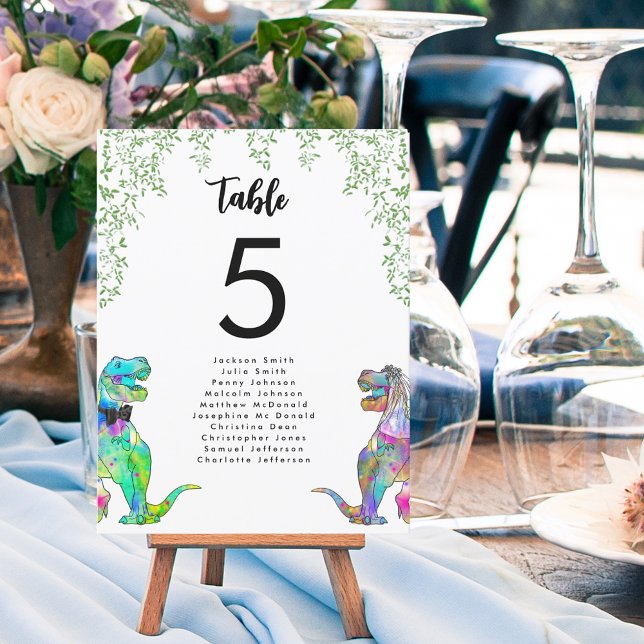 Boda de temas de dinosaurios coloridos (Colorful dinosaur bride and groom fun t-rex bride and groom wedding table number chart)