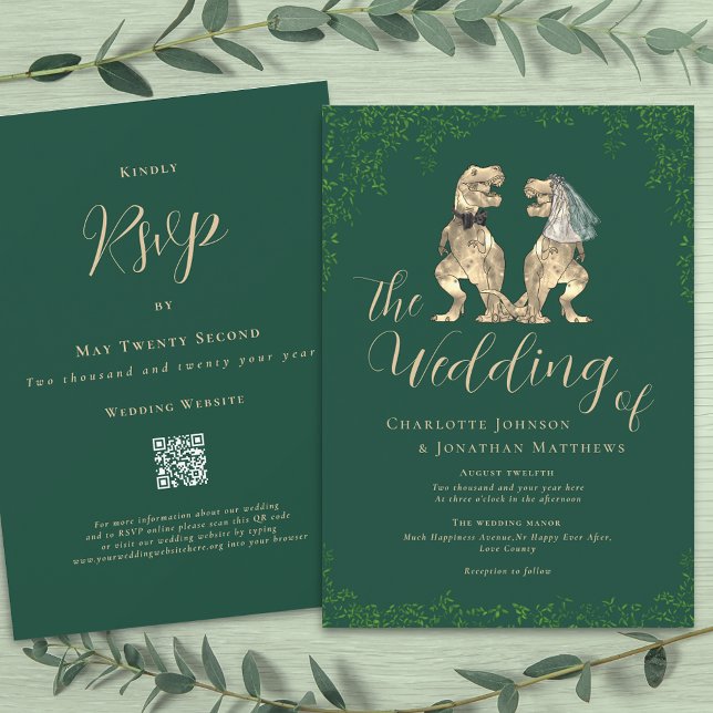 Boda de temas de dinosaurios Invitación al código  (T-Rex dino bride and groom funny dinosaur wedding dark green invitation Eucalyptus foliage )