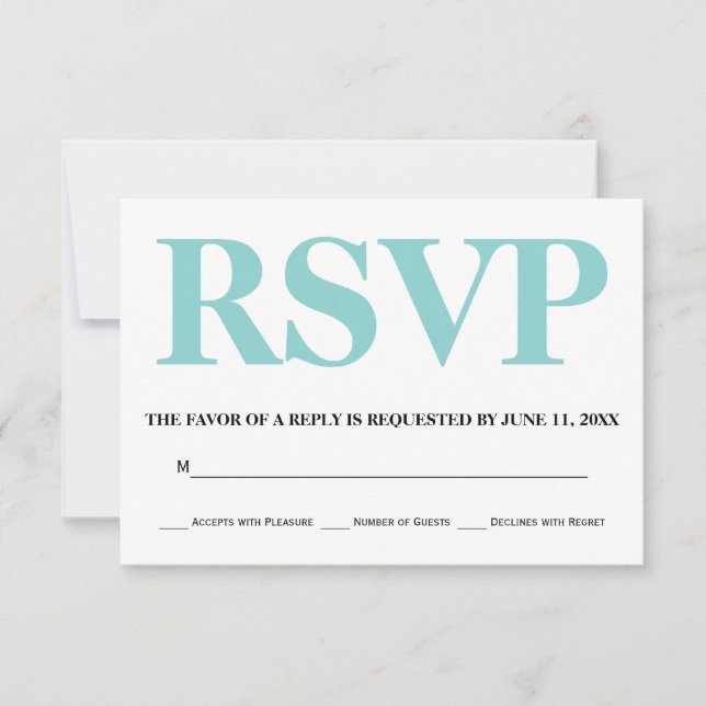 Boda de tipografía azul y blanca Aqua RSVP (Anverso)