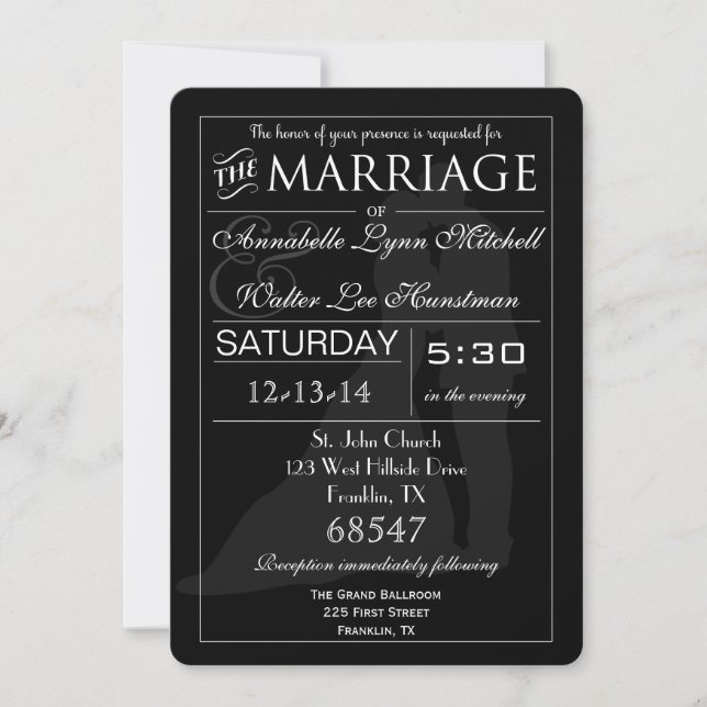 Boda de tipografía invitación en blanco y negro (Anverso)