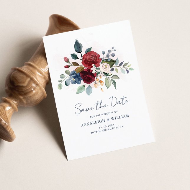 Boda de vegetación floral de Borgoña salva la fech (Burgundy Floral Wedding Save the Date)