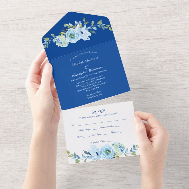 Boda De Verdor Floral Azul Todo En Una Invitación (desgarro)