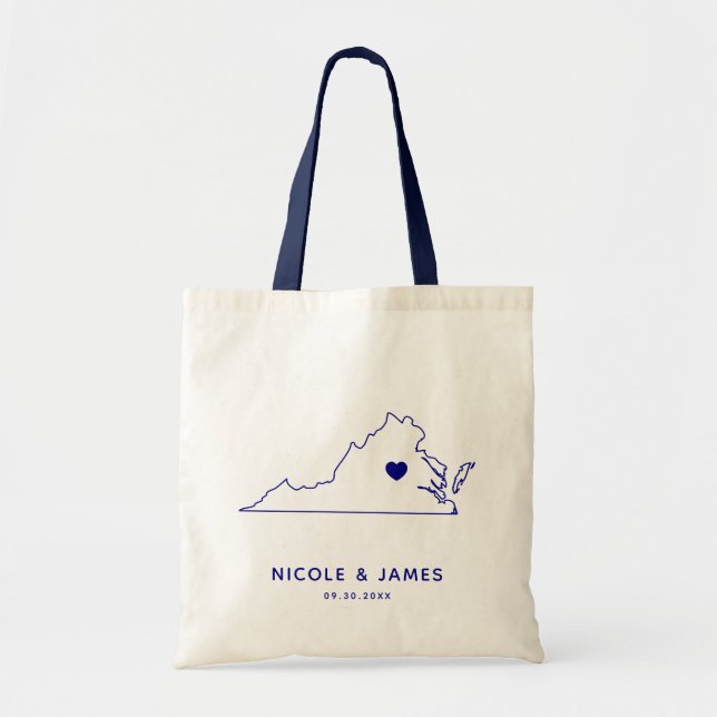 Boda de Virgina Bienvenida Mapa de Bolsa Tote, Azu (Frente)