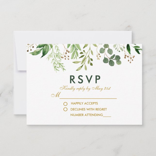 Boda de Watercolor Botánico Green Gold RSVP (Anverso)