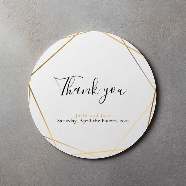 Boda del efecto oro geométrico gracias pegatina (Gold effect geometric wedding thank sticker with elegant script.)