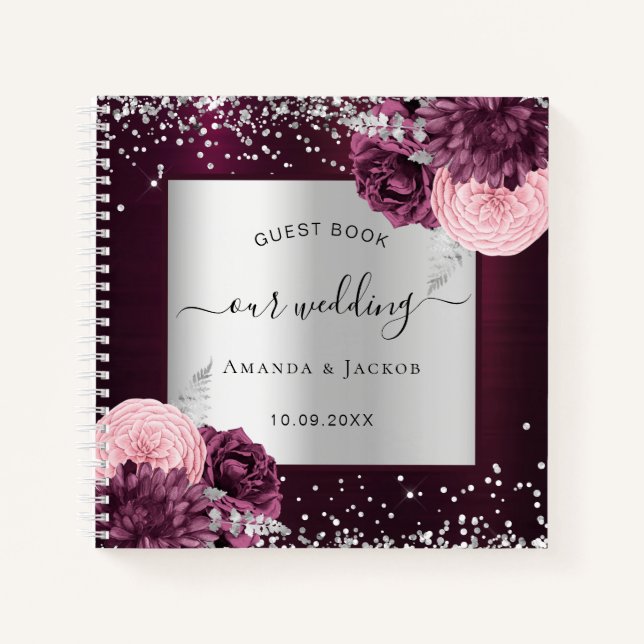 Boda del libro de invitados burgundy plata floral (Anverso)