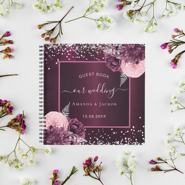 Boda del libro de invitados burgundy plata floral (Subido por el creador)