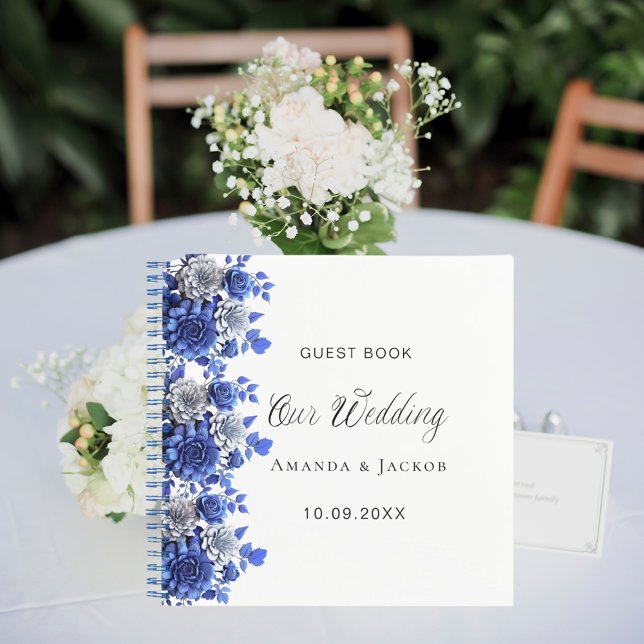 Boda del libro de invitados flor azul real blanco (Subido por el creador)