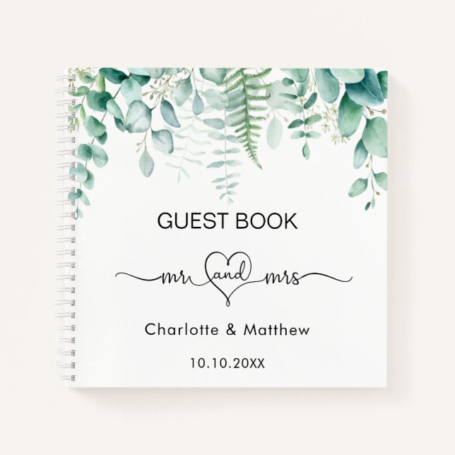 Boda del libro invitado eucalyptus greenery mr mrs (Anverso)