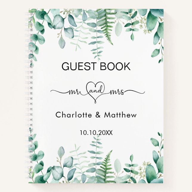 Boda del libro invitado eucalyptus greenery mr mrs (Anverso)