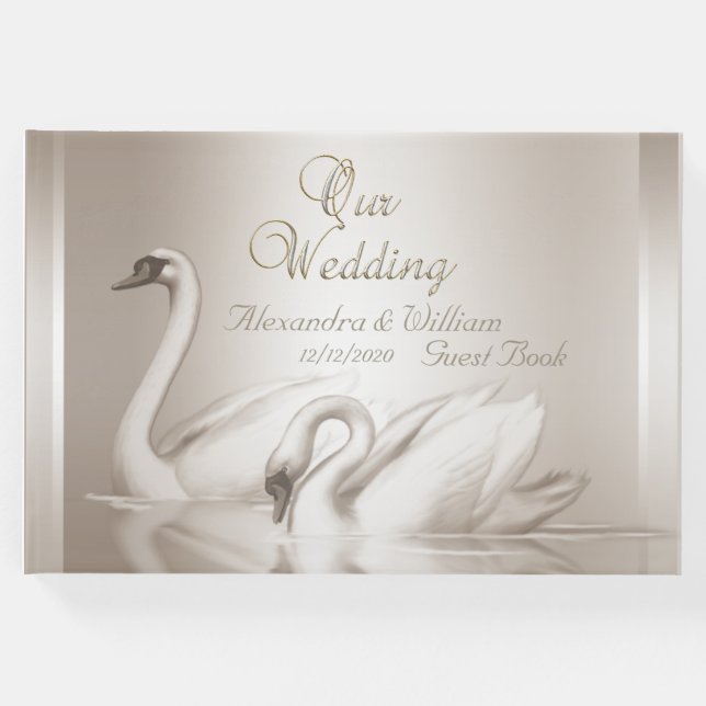 Boda del libro invitado Swans Damask Cream White (Anverso)