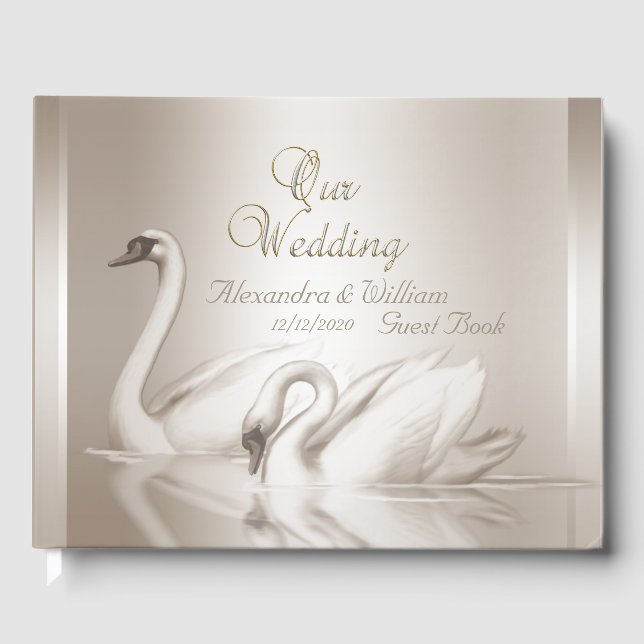 Boda del libro invitado Swans Damask Cream White (Anverso)