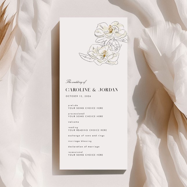 Boda del programa moderno del Ilustracion Magnolia (Chic white magnolia illustration wedding program.)
