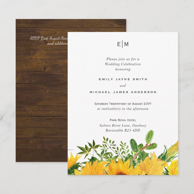 Boda del Sur Rústico de los girasoles del presupue (Anverso / Reverso)