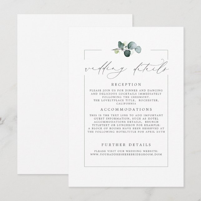 Boda Detalles de la tarjeta moderna Eucalyptus Gre (Anverso / Reverso)