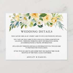 Boda Detalles Tarjeta de inserción floral amarilla