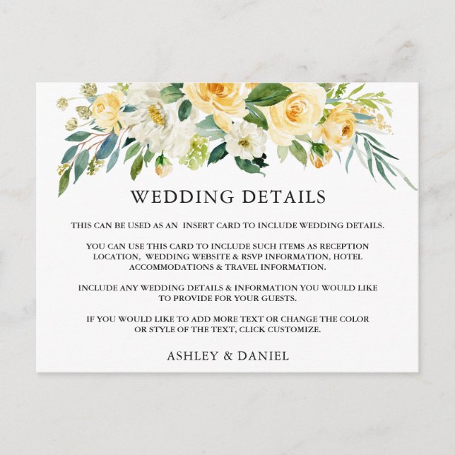 Boda Detalles Tarjeta de inserción floral amarilla (Anverso)