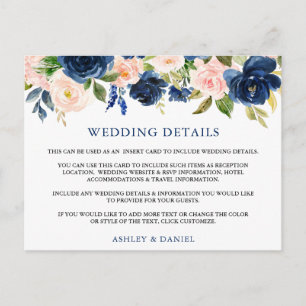 Boda Detalles Tarjeta de inserción floral rosa azu