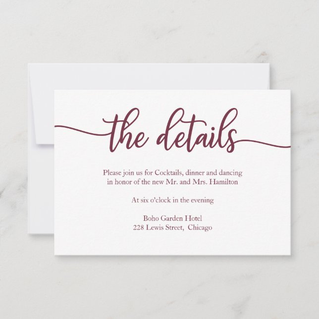 Boda Detalles Tarjeta RSVP Caligrafía Borgoña (Anverso)