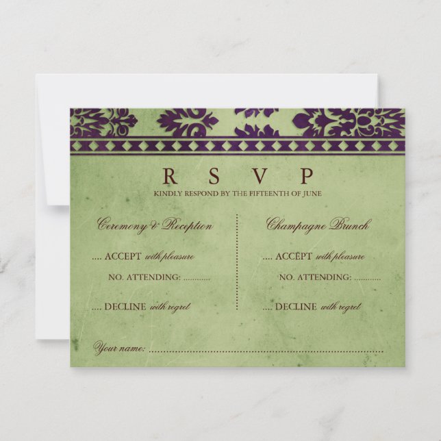 Boda doble RSVP de encaje de hueso de olive Damask (Anverso)