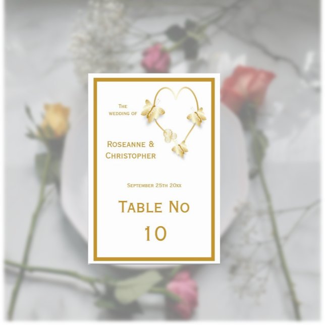 Boda dorado tarjeta de mesa mariposas corazón (Gold wedding table number card butterflies heart design)