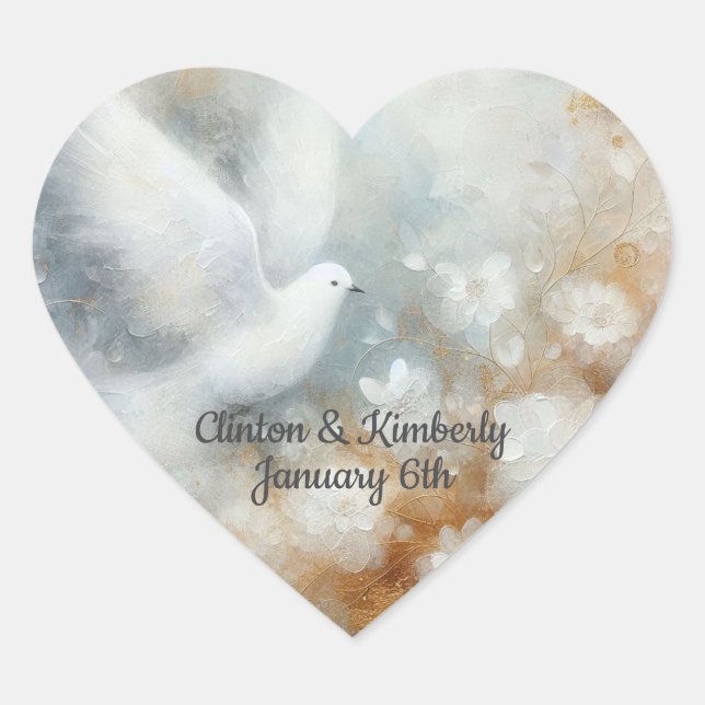 Boda Dove Personalizable floral Pegatina cardíaco (Anverso)
