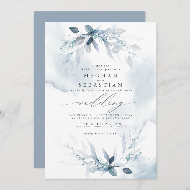 Boda Dreamy Watercolor Dusty Blue Invitación (Anverso / Reverso)
