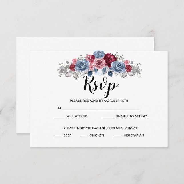 Boda Dusty Blue y Burgundy RSVP   (Anverso / Reverso)