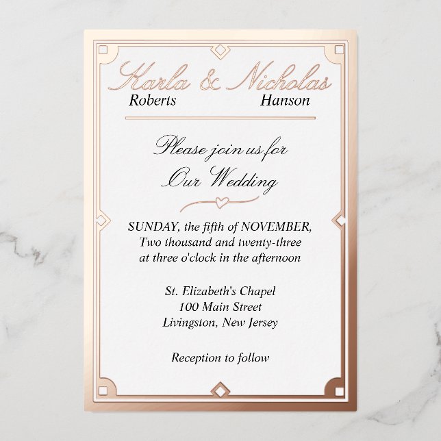 Boda elegante Art Déco en blanco. Invitación con l (Anverso)