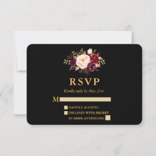 Boda elegante Burgundy Floral Black Gold RSVP