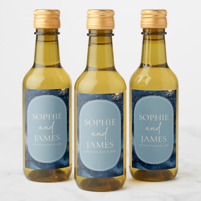 Boda Elegante Cielo Estrellado Azul Dorado (Botellas)