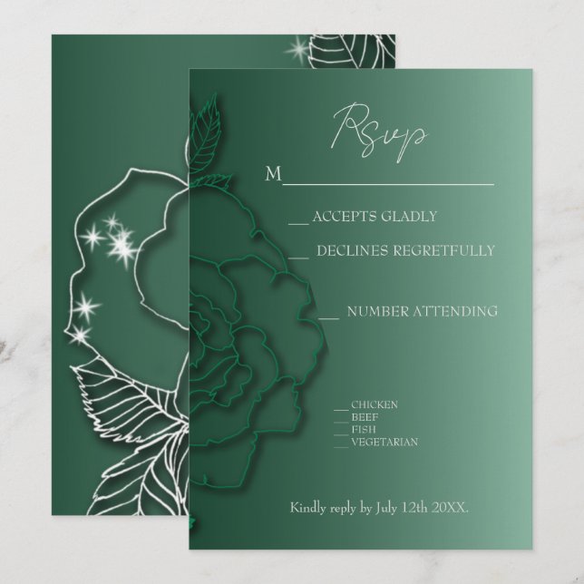 Boda elegante con flores de plata verde esmeralda (Anverso / Reverso)