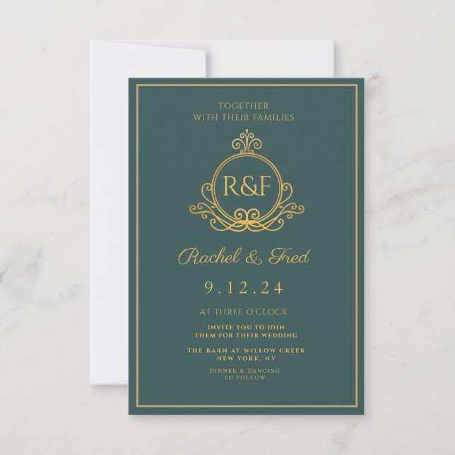 Boda elegante de caligrafía dorada verde (Anverso)