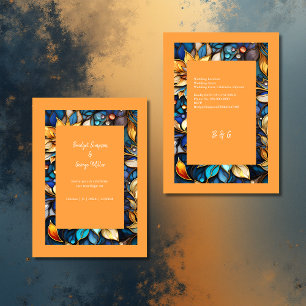 Boda elegante de vidrio azulado floral azul y dora