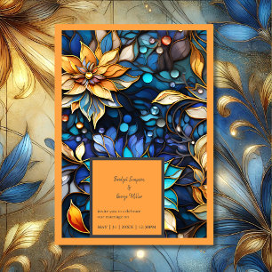 Boda elegante de vidrio azulado floral azul y dora